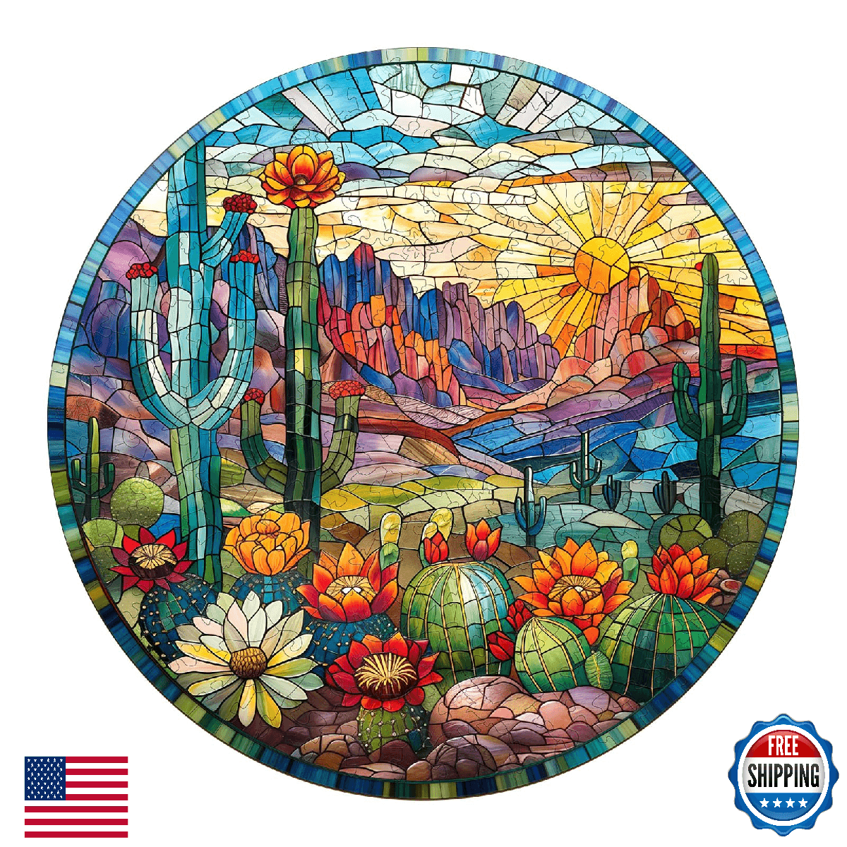 Wooden Jigsaw Puzzle for Adults, Stained Glass Cactus Wooden Puzzles for Adults - Image 1