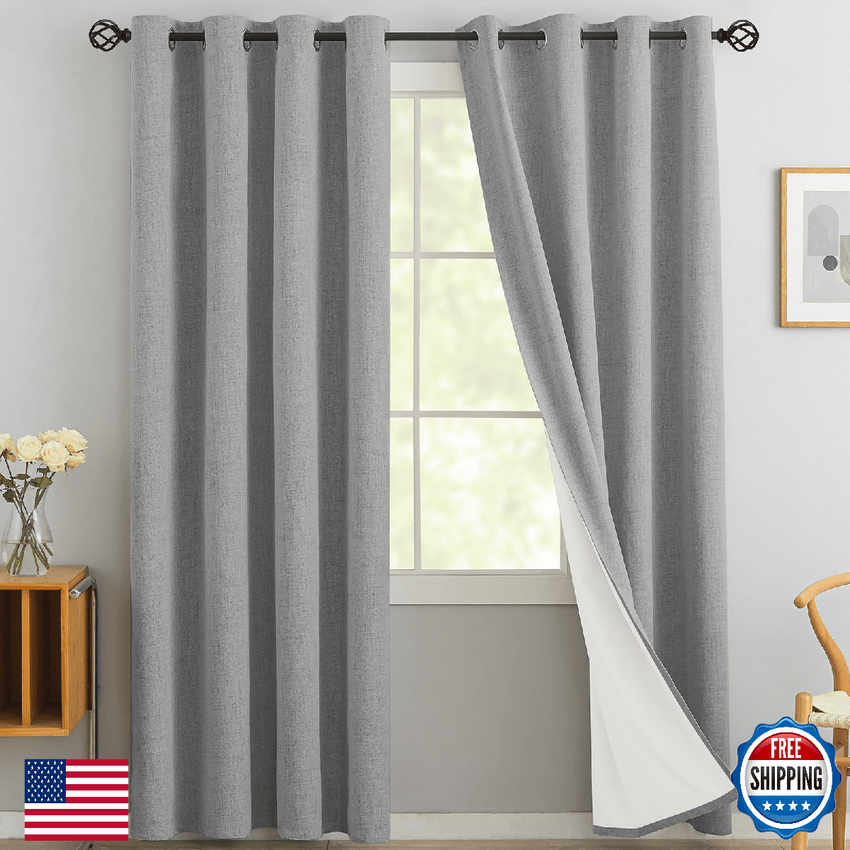 Yakamok Dove Grey 100% Blackout Linen Curtains 96" Long Room Darkening - Image 1