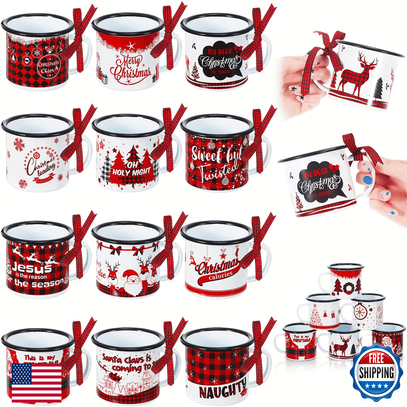 Sliner 12 Pcs Christmas Mini Coffee Mugs Bulk with Ribbon Plaid 8.5 oz Xmas Enam - Image 1