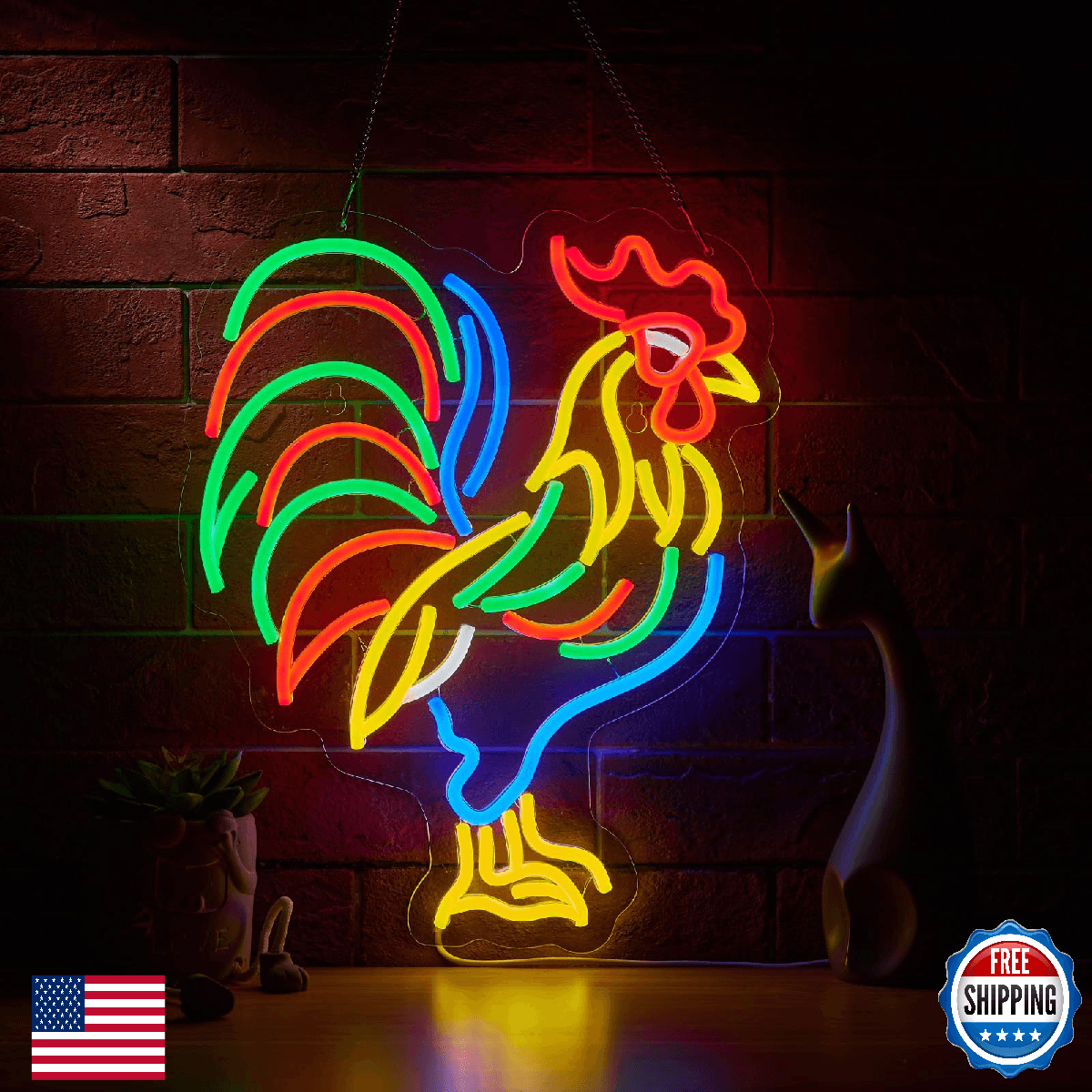 Roouneon Rooster Neon Sign for Wall Décor LED Chicken Signs with Dimmable Switch - Image 1