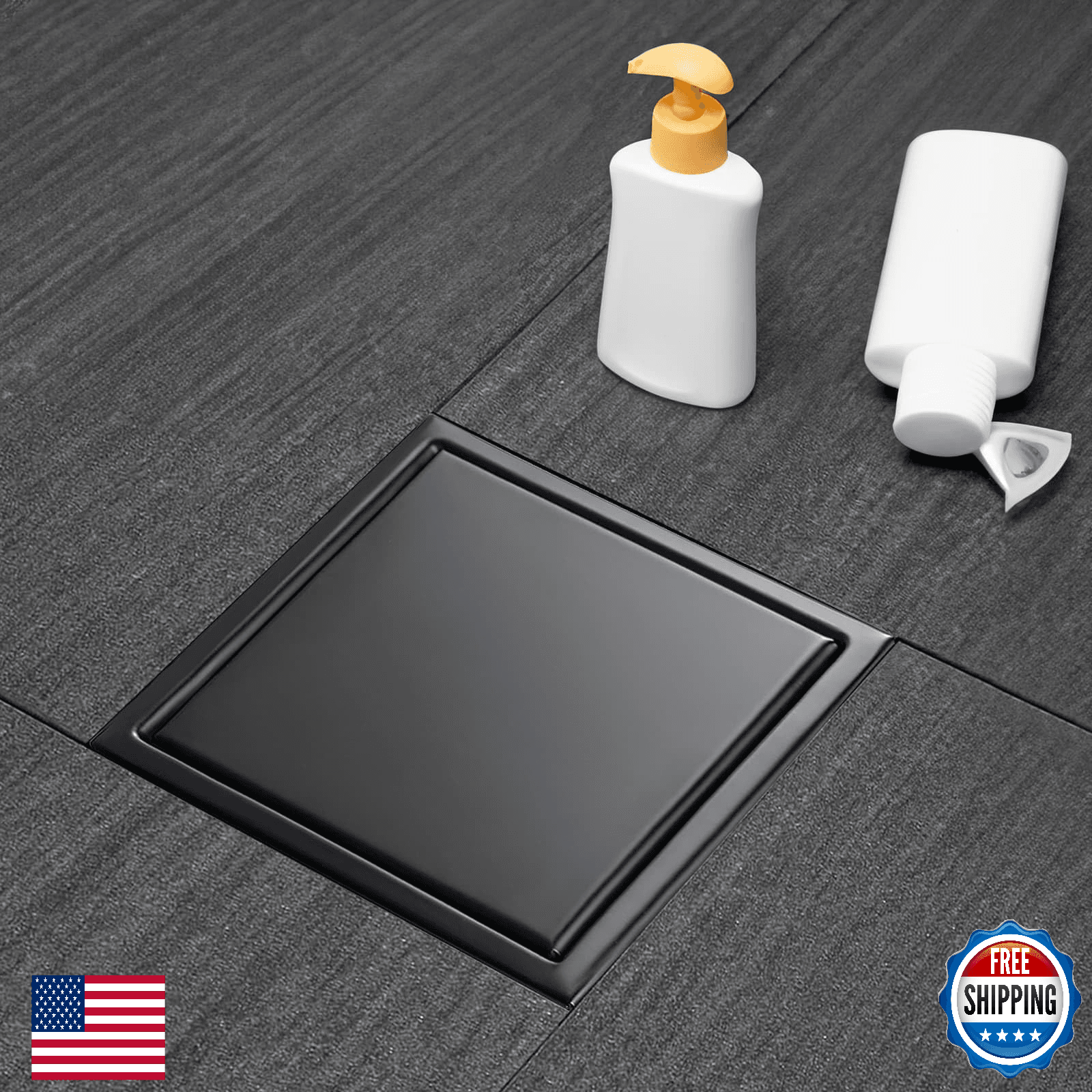 Elefloom 6" Black Square Shower Drain, Stainless Steel, Tile Insert 2-in-1 - Image 1