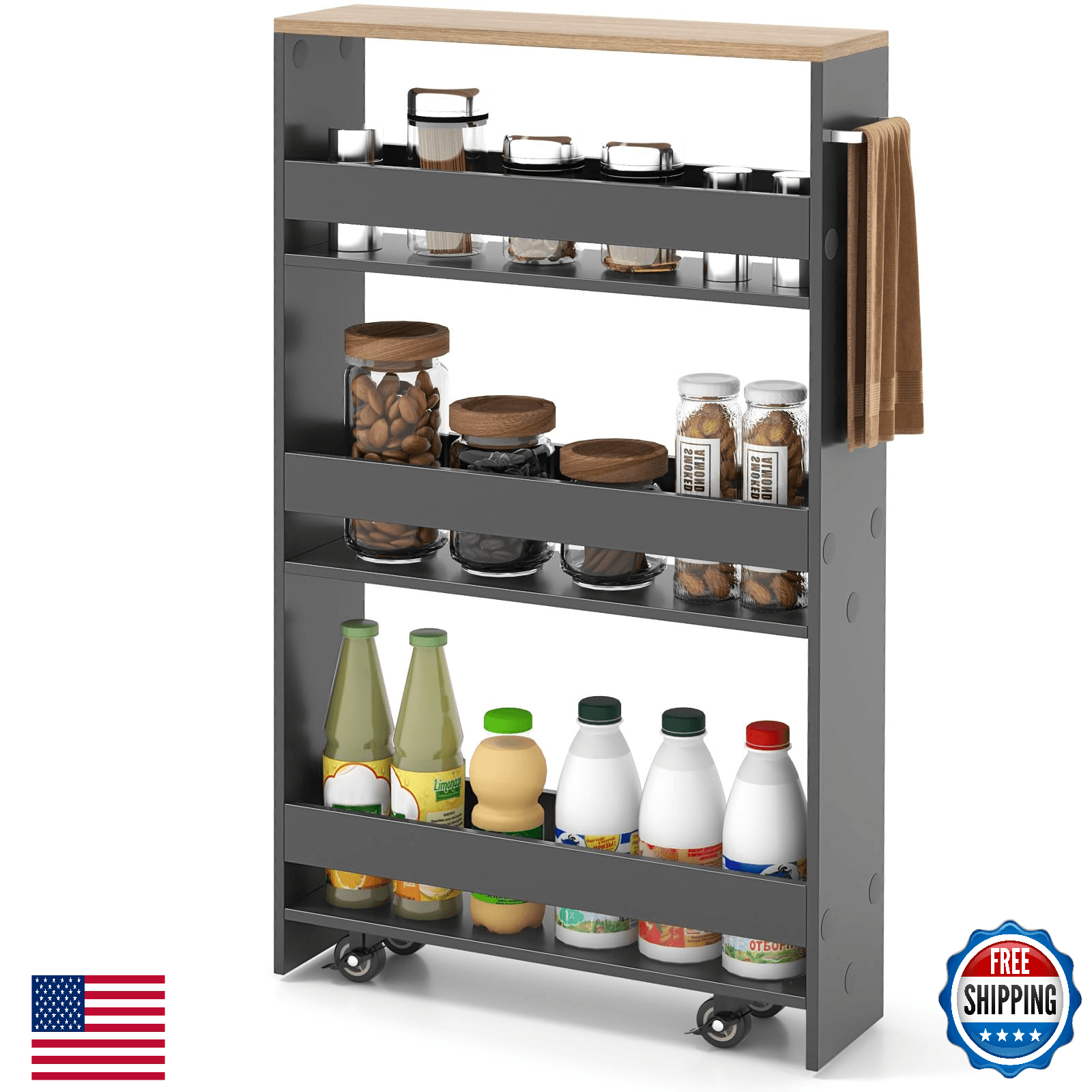 COSTWAY 4-Tier Slim Rolling Storage Cart Wood Kitchen Bathroom Laundry Narrow Sh - Image 1