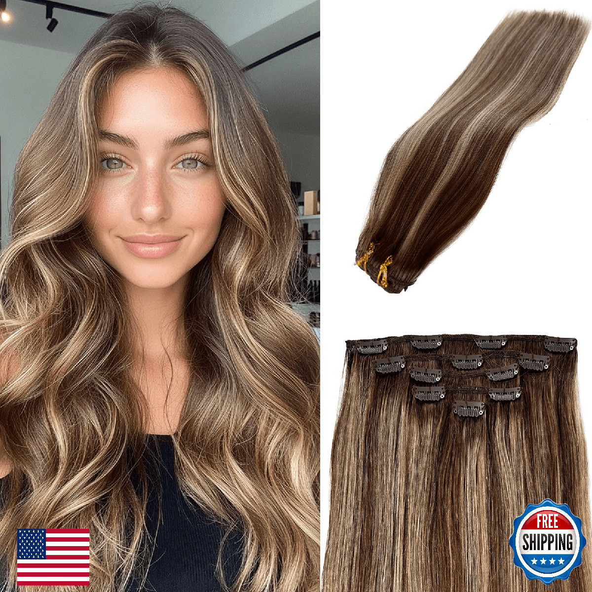 Balayage Clip in Hair Extensions Real Human Hair Chestnut Brown and Beige Blonde - Image 1