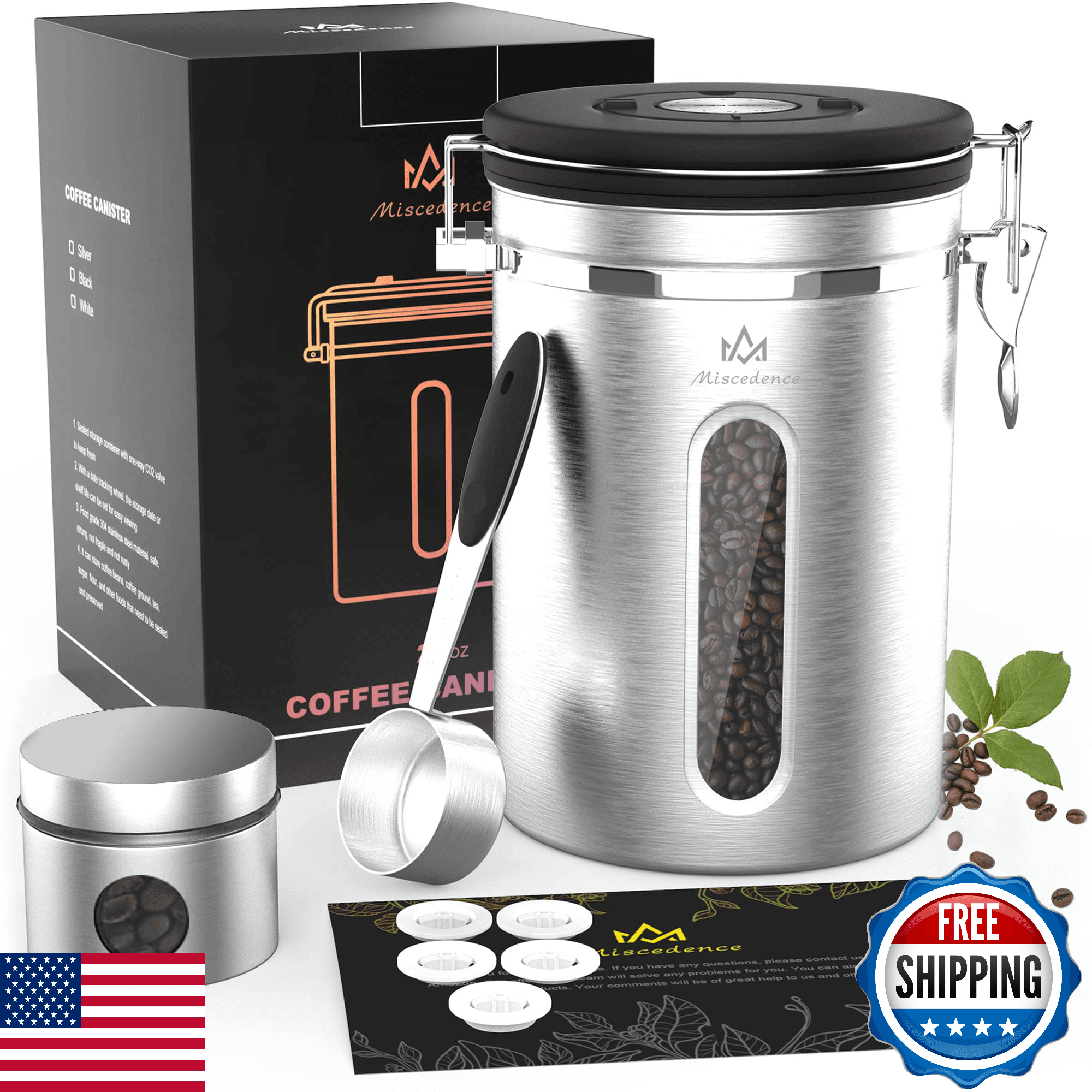 Coffee Canister, 304 SS, Window, Date Tracker, CO2 Valve, Airtight Storage - Image 1