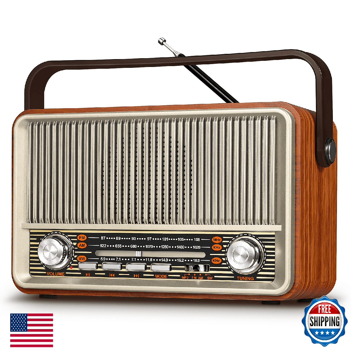 PRUNUS J-120 Retro Portable AM FM SW Radio Bluetooth USB TF AUX, Rechargeable - Image 1