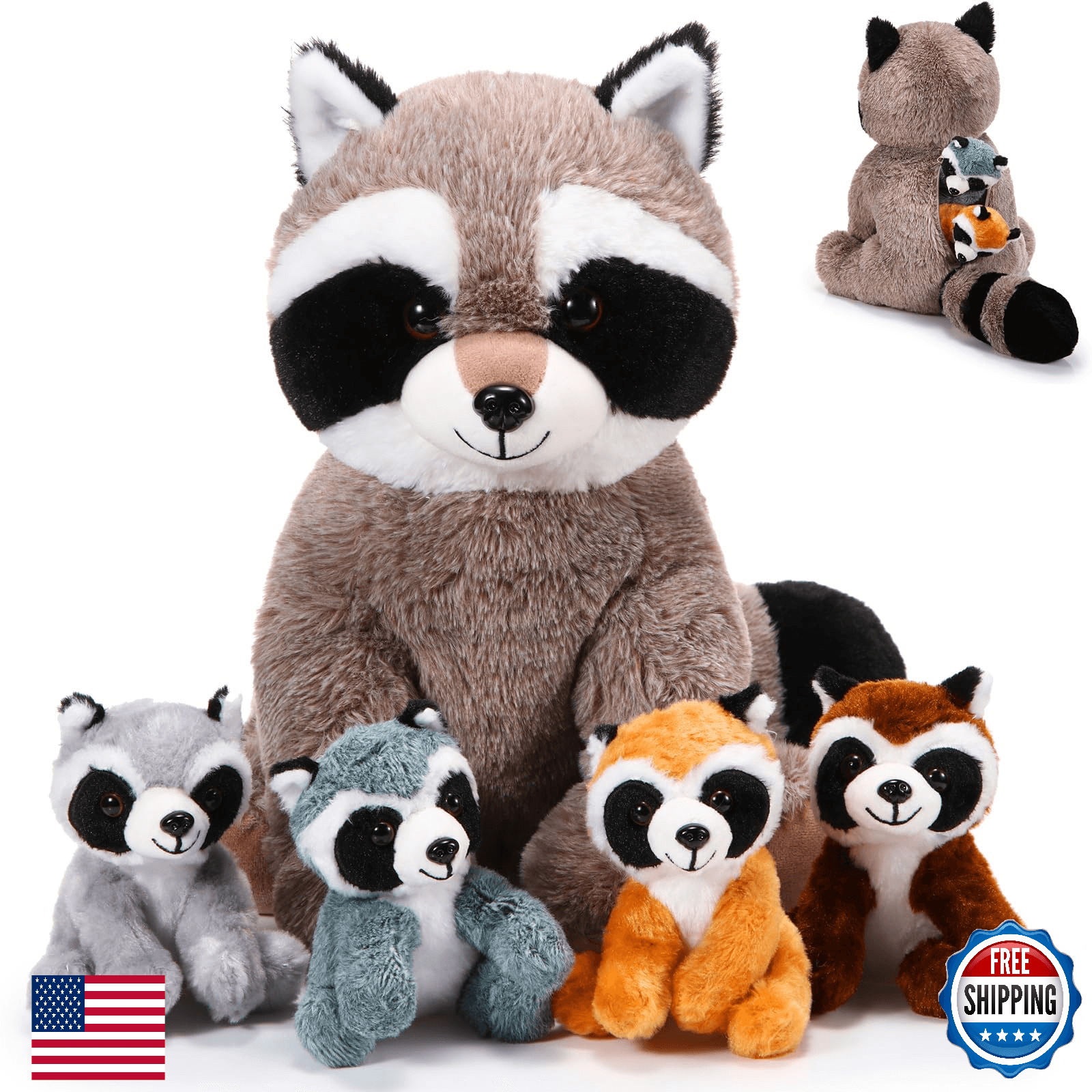 Harrycle 5 Pcs Raccoon Stuffed Animal Set: Mommy Plush with 4 Cute Babies - Image 1