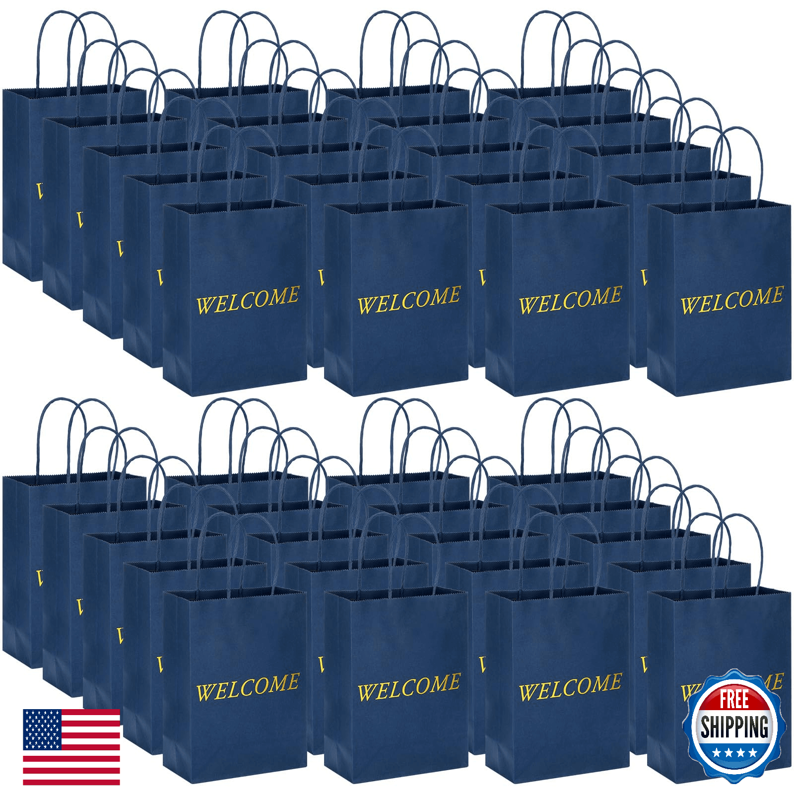 Jexine 100 Welcome Gift Bags 5.9x3.1x8.1" Kraft Paper Navy Blue Gold - Image 1