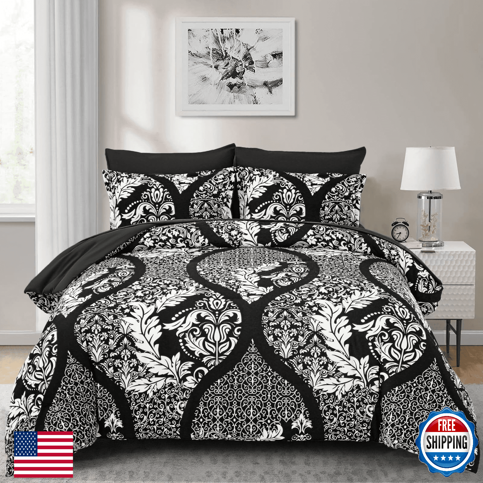 Anibedding King 7pc Black Damask Boho Comforter Set Microfiber Bedding - Image 1