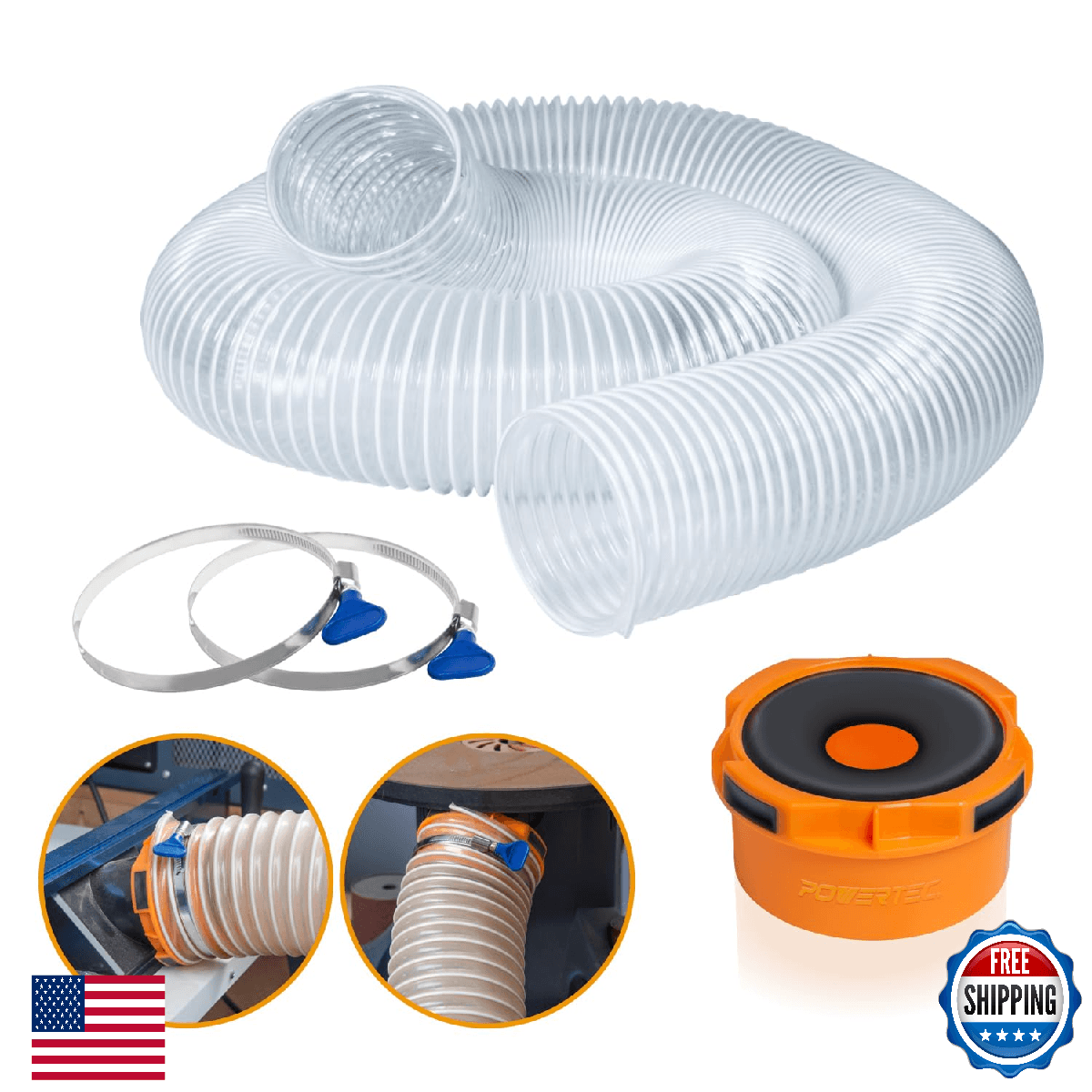 POWERTEC 4"x10ft Flexible PVC Dust Collection Hose Kit w/ Clamps & Port Adapter - Image 1