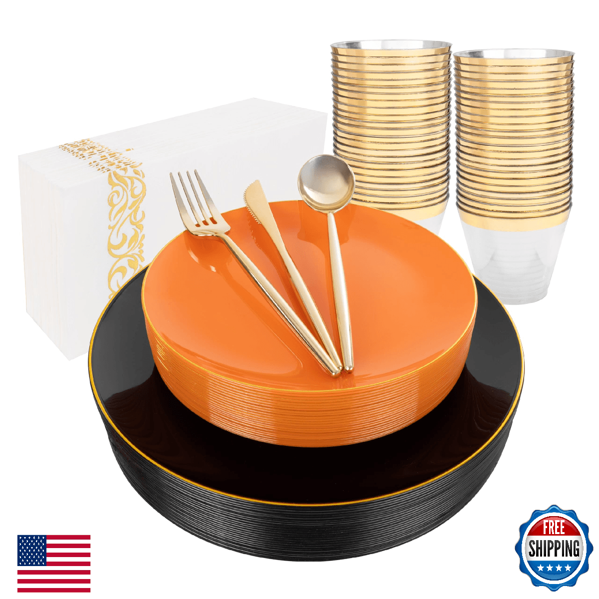 MirthMood 210PCS black and orange Plastic Plates,Black Disposable Plates –Plasti - Image 1