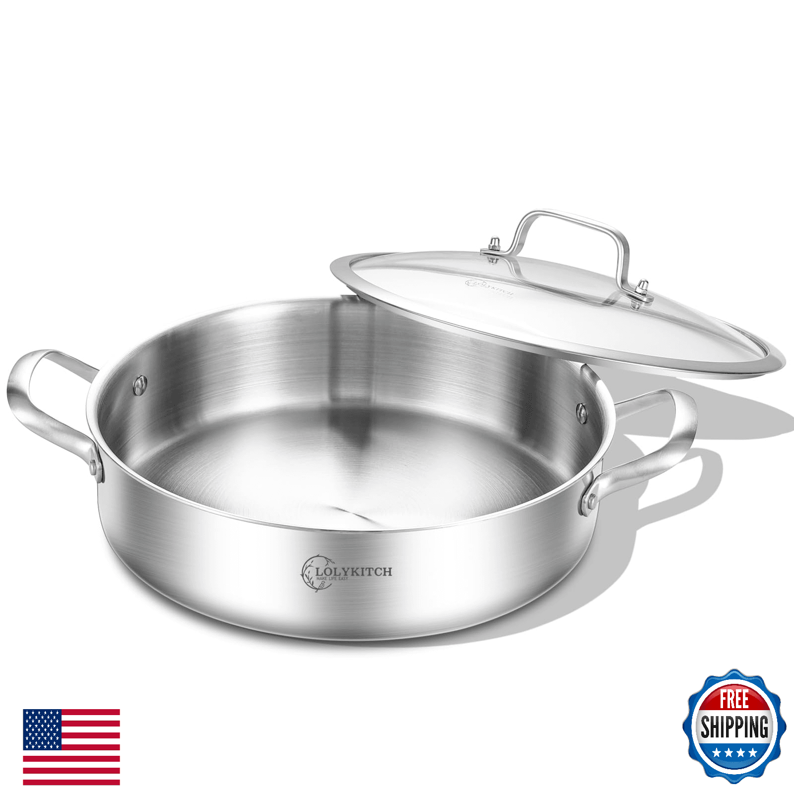 LOLYKITCH 6 QT Tri-Ply 12" Stainless Steel Sauté Pan w/ Lid Induction Cooktop - Image 1