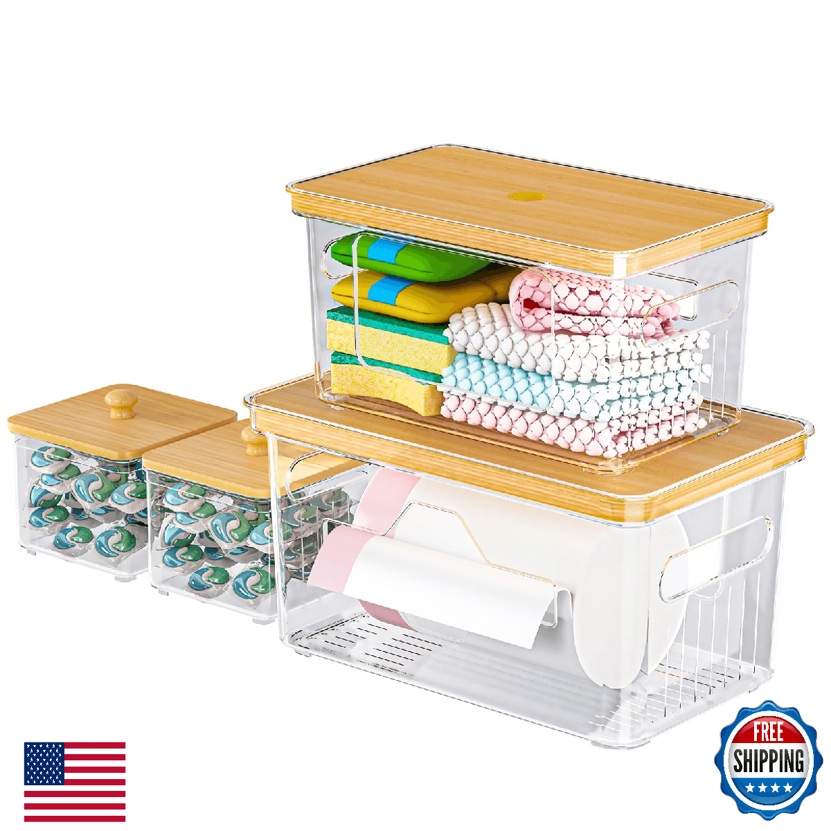 FELIZHOUSE 4 Pack Trash Bag Holder with Bamboo Lid Stackable Garbage Bag Dispens - Image 1
