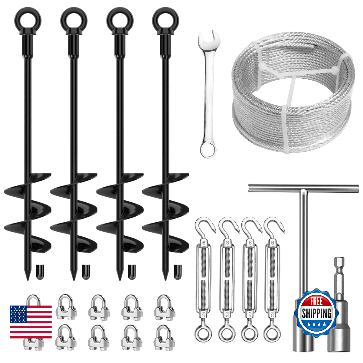 4 Pcs 18" Fully Welded Ground Anchors Shed Anchors Kit with 1/8" Galvanized Cabl - Image 1