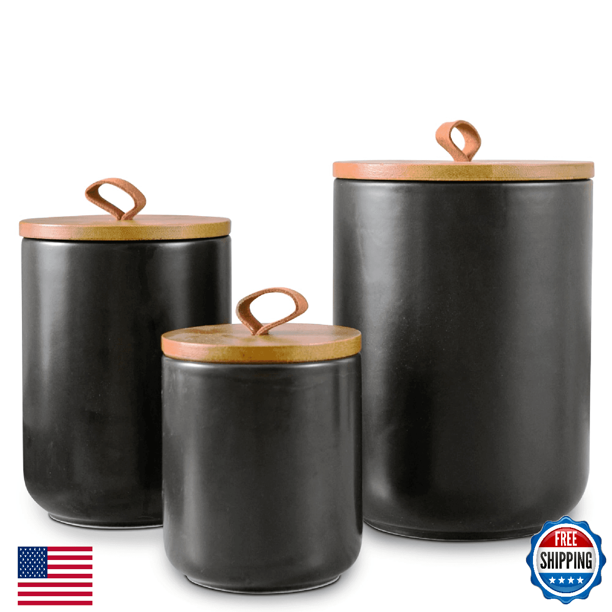Tenforie Black Canister Sets for Kitchen, 3pcs Ceramic Canisters with Airtight W - Image 1
