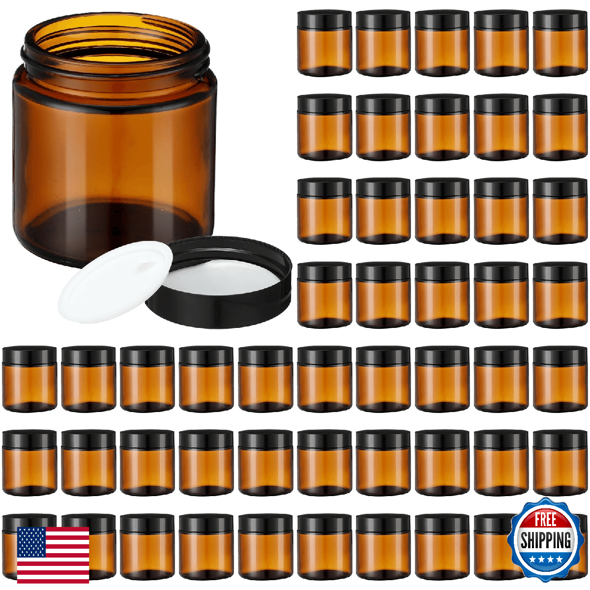 50 Pcs 4 oz Amber Glass Jars with Black Lids Leakproof Round Airtight Jars Empty - Image 1