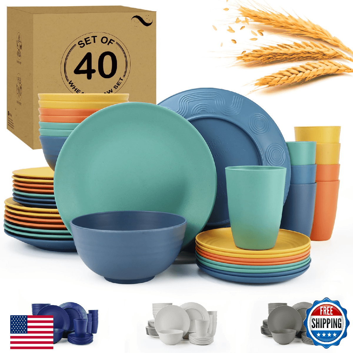 Wheat Straw Dinnerware Sets for 8 Dishwasher Microwave Safe 40 Pcs Unbreakable O - Image 1