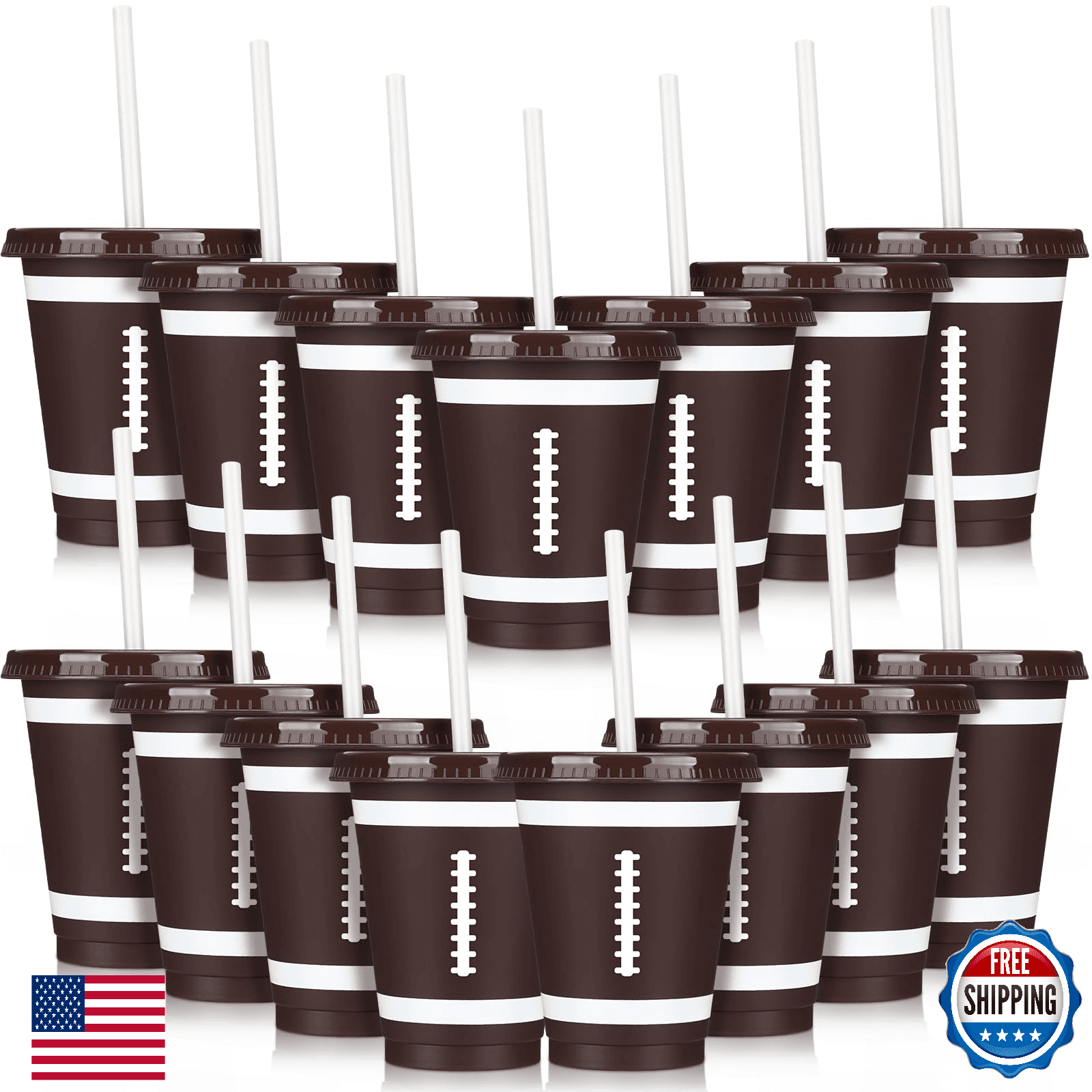 Domensi 20x Football Party Cups w/ Lids & Straws - 16oz Disposable - Image 1