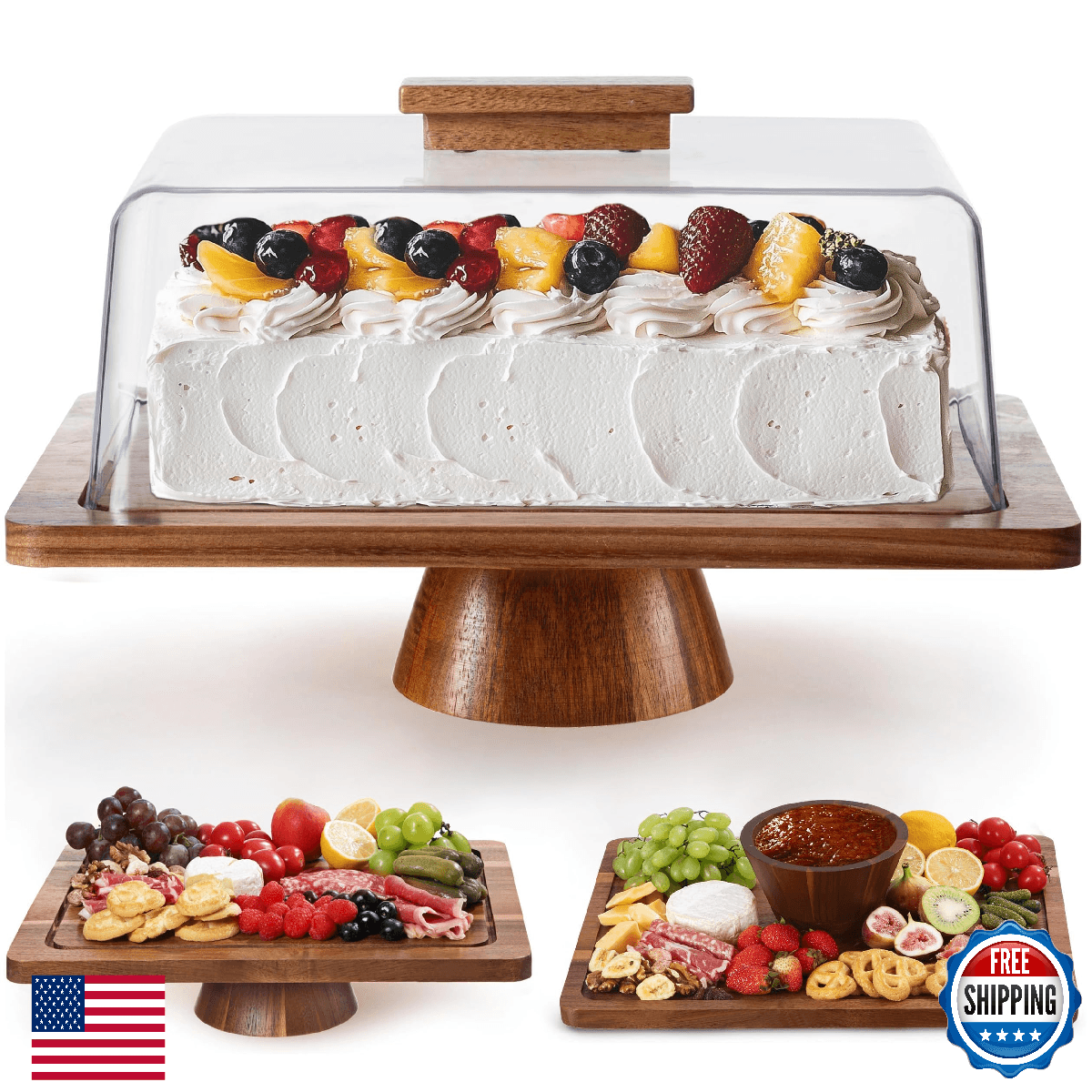 Farmyards Rectangular Acacia Wood Cake Display Stand with Acrylic Dome Lid - 2-i - Image 1