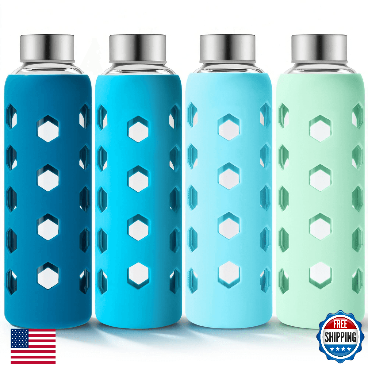 Mrsdry Glass Juice Bottles with Lids and Silicone Sleeves 18 oz, 4-Pack Reusable - Image 1