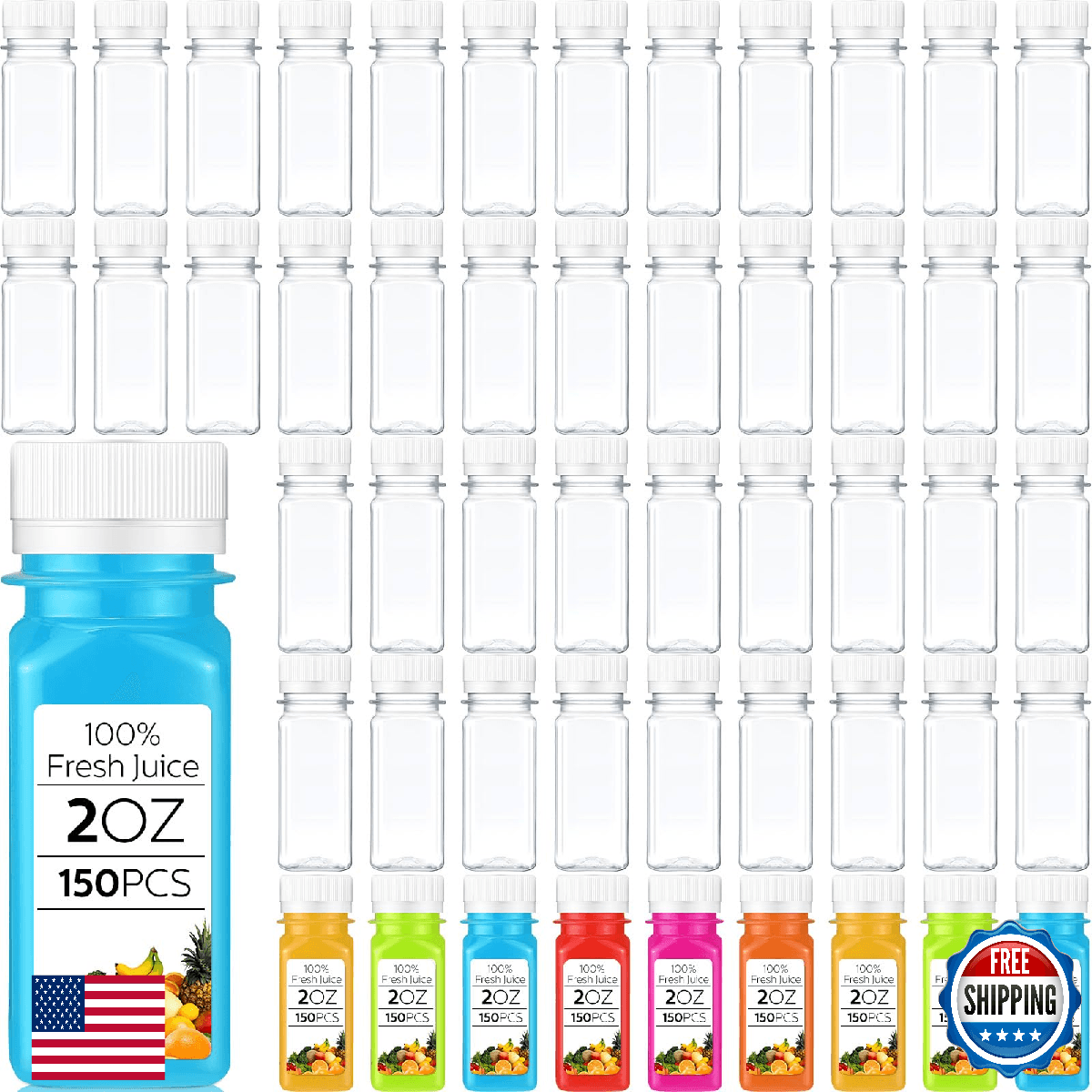 Sliner 150x 2oz Clear Plastic Mini Juice Bottles with Screw Lids Leakproof Small - Image 1