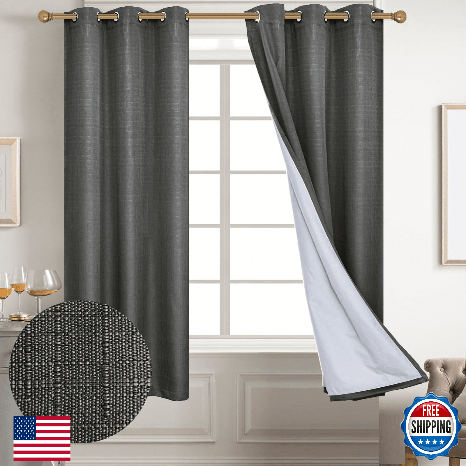 Diraysid 100% Blackout Curtains Dark Gray Linen Curtains for Bedroom Grommet The - Image 1
