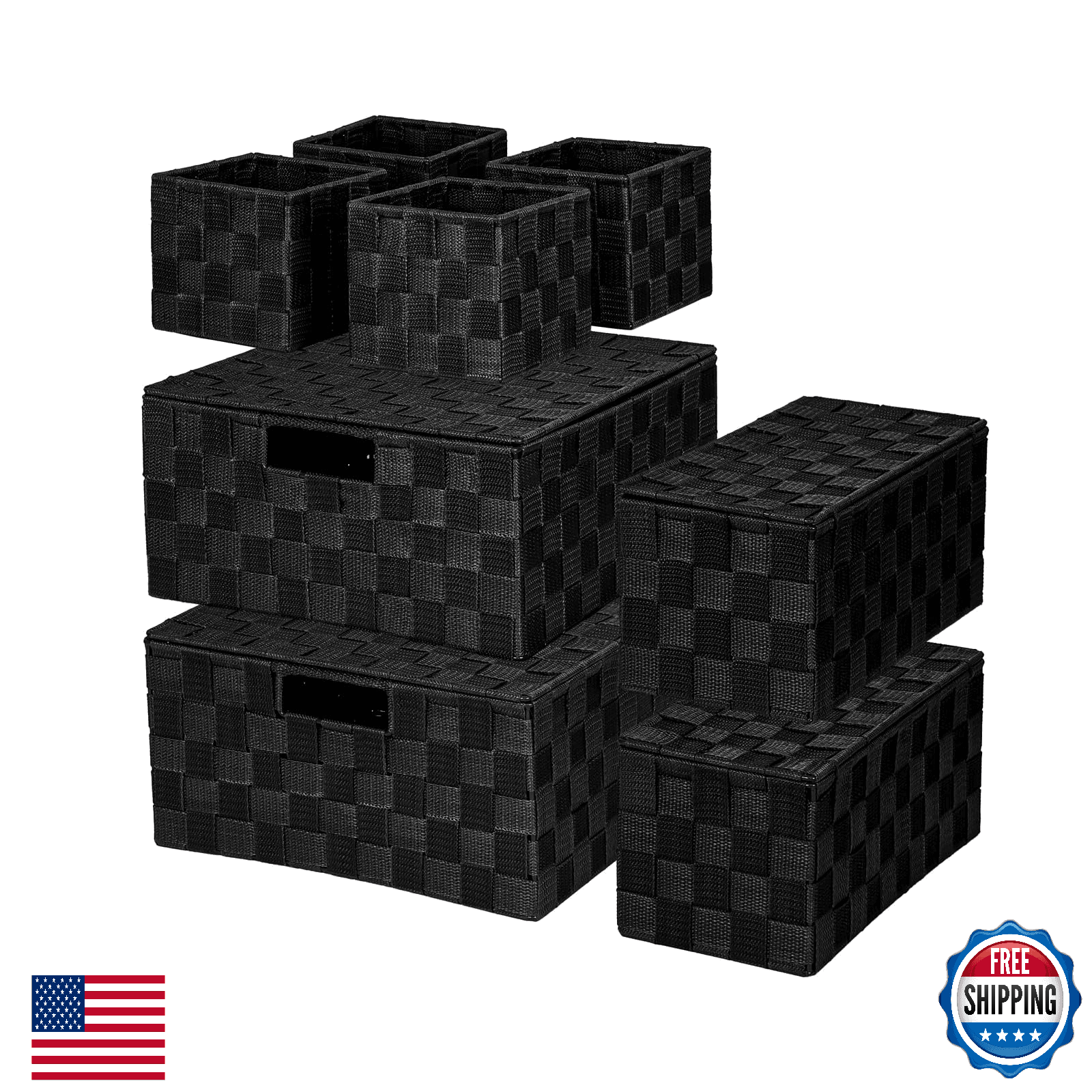 ArcaGuru Woven Storage Box Basket Bin Container Set 8 Black Organizing Bins Clos - Image 1