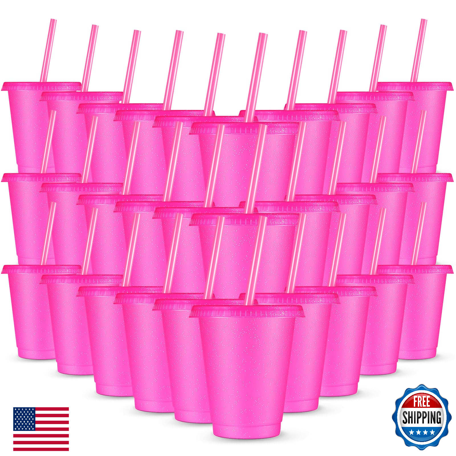 30x Rtteri 16oz Glitter Tumblers w/ Lids & Straws - Hot Pink Reusable Iced Coffe - Image 1