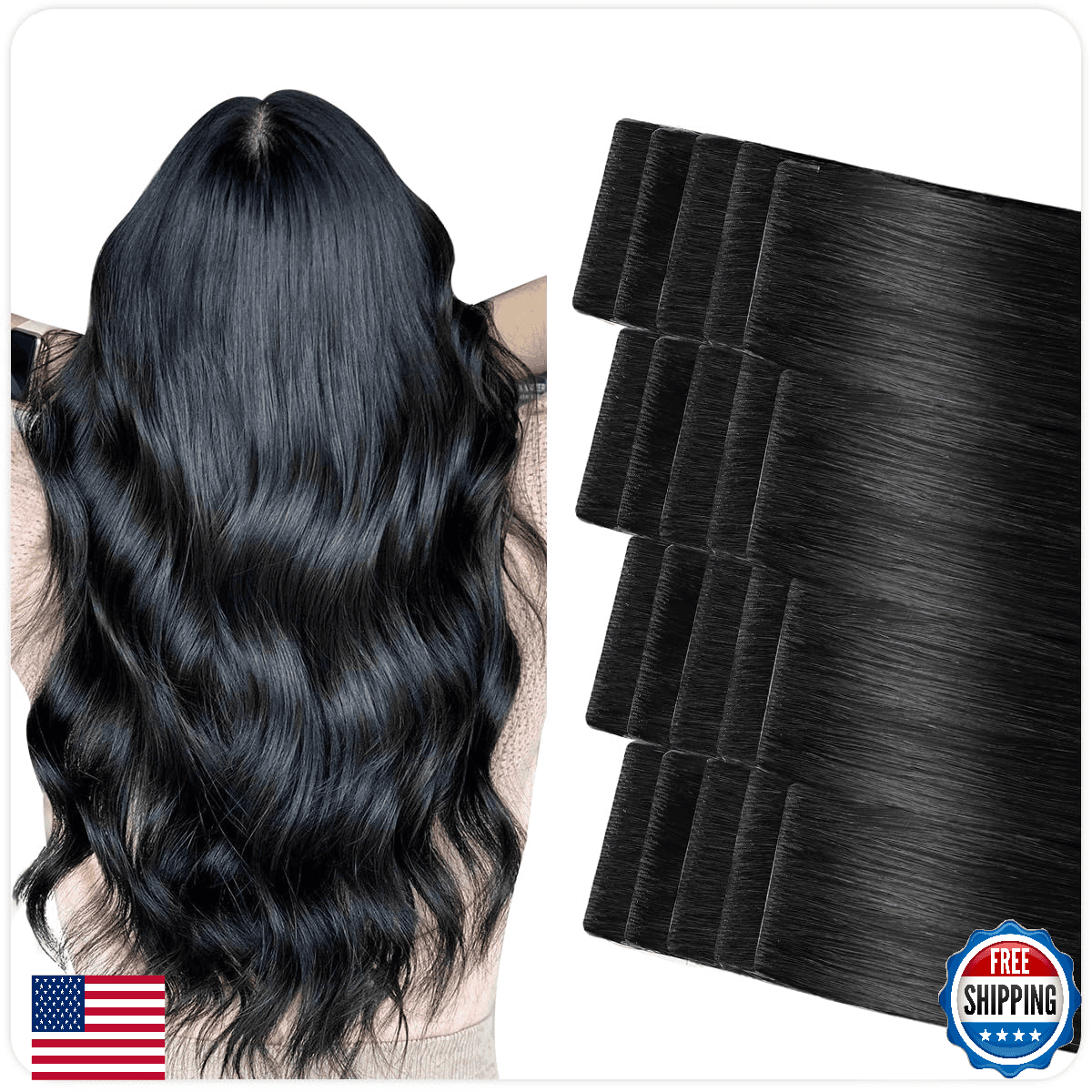 SUYYA Invisible Tape Human Hair Extensions Jet Black Hand-Tied Pro - Image 1