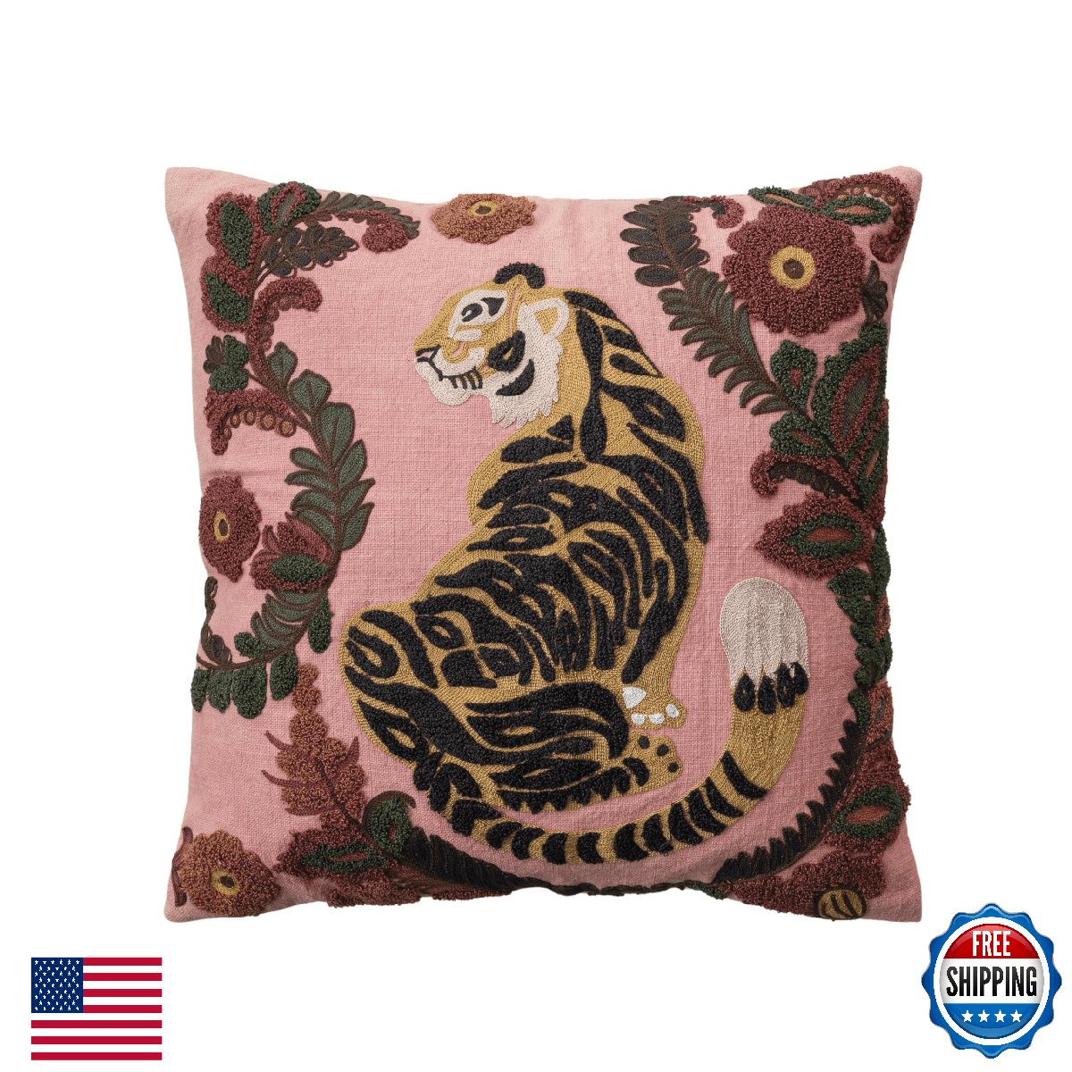 Creative Co-Op Embroidered Tiger and Flowers Cotton Slub Pillow, Multicolor - Image 1