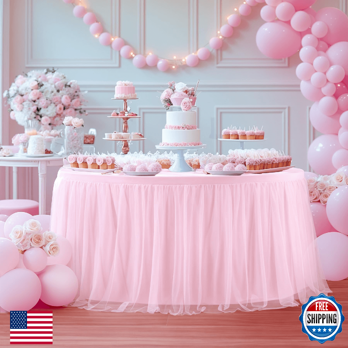 Pink Tulle Tablecloth 72 Inch Round Table Skirt for Girls Party - Wrinkle Free R - Image 1