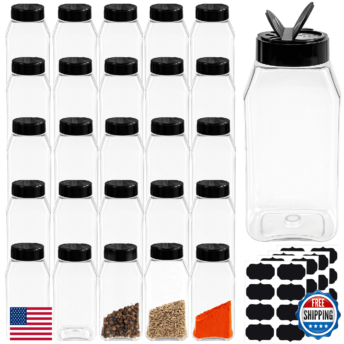 28 Pack 16 Oz Plastic Spice Jars Bottles Containers with Black Cap Empty Seasoni - Image 1