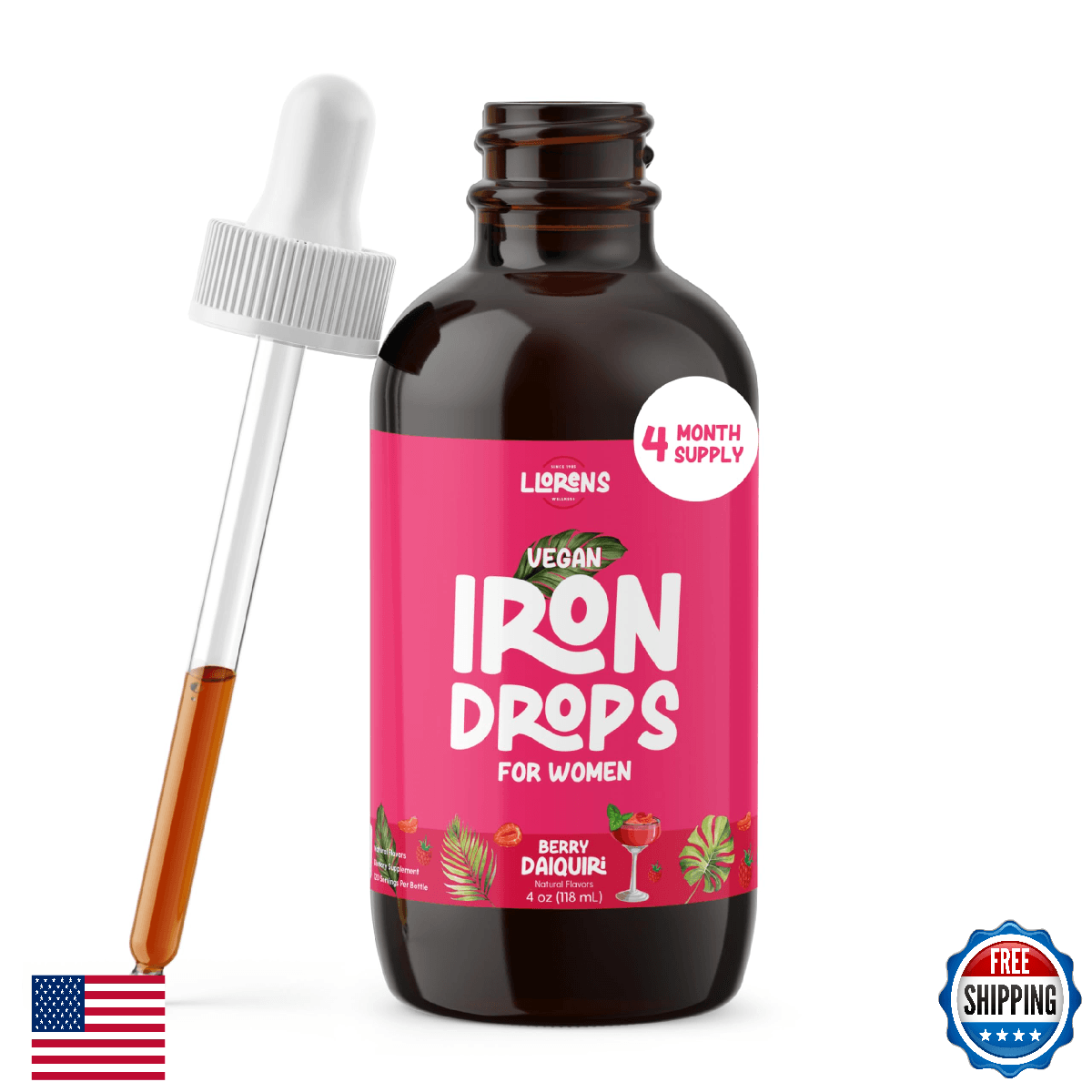 LLORENS Iron Supplement for Women, 20mg Drops - Daily Support, Berry Flavor - Image 1