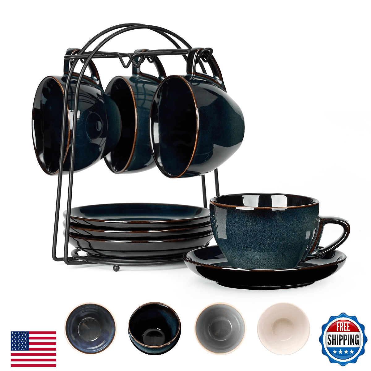 SIDUCAL 8oz Porcelain Espresso Cups Set of 4 with Saucers & Rack - Image 1