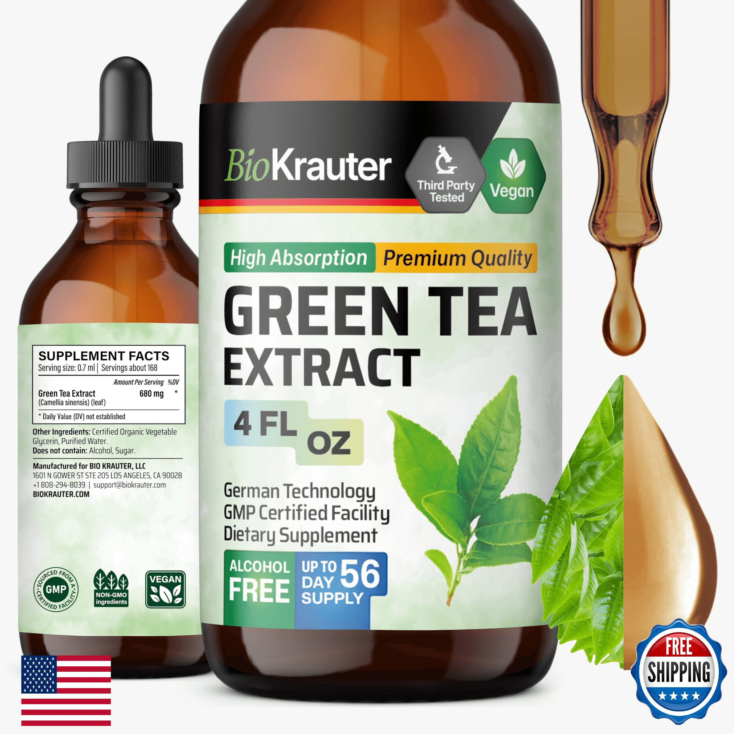 BIO KRAUTER® Green Tea Extract Liquid - Vegan 680mg - Antioxidant Support - Image 1