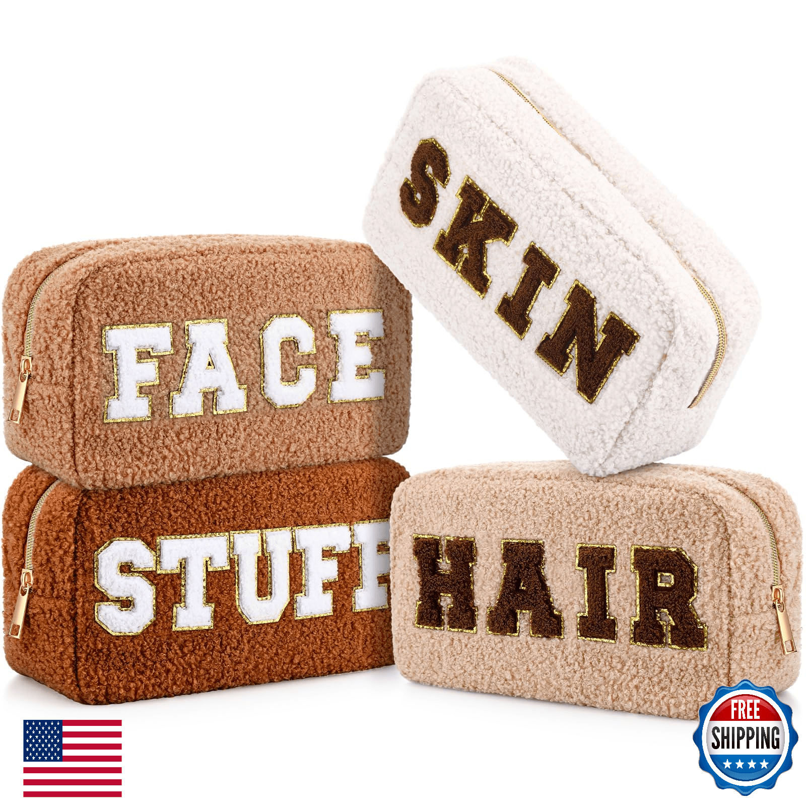 Paterr 4 Pcs Christmas Chenille Letter Preppy Patches Makeup Pouch Bag Plush Fuz - Image 1