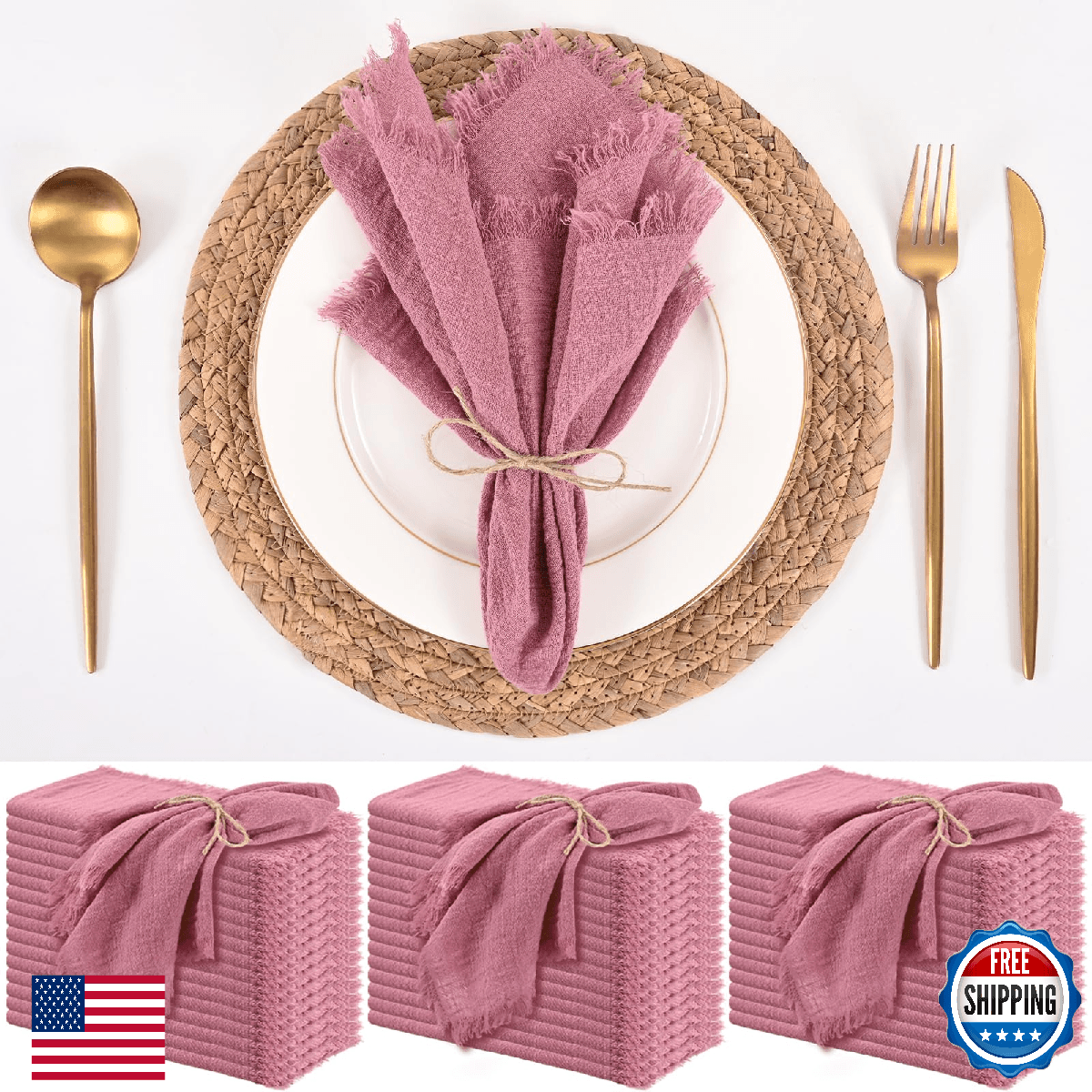 50 Pack Dusty Rose Handmade Cloth Napkins 16 x 16 Inch Cotton Linen Napkins with - Image 1