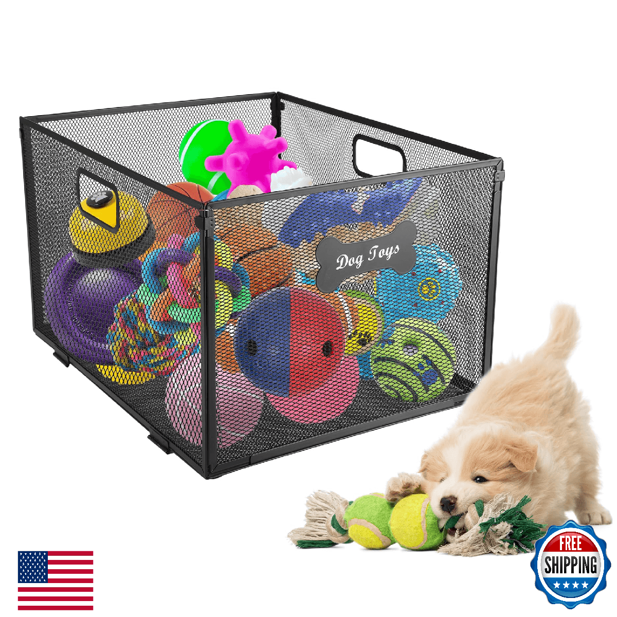 Lolytama Metal Dog Toy Box - Wire Mesh Basket with Cute Pawprint Design - Rust-R - Image 1
