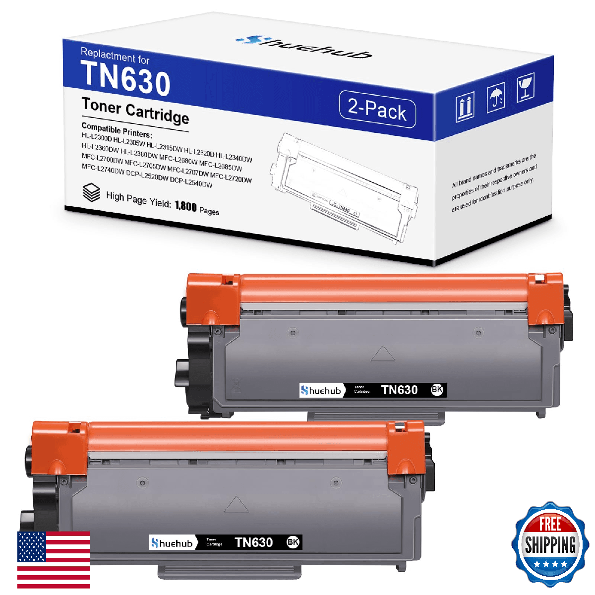 TN630 Black Toner Cartridge Compatible for Brother HL-L2300D HL-L2305W 2-Pack - Image 1