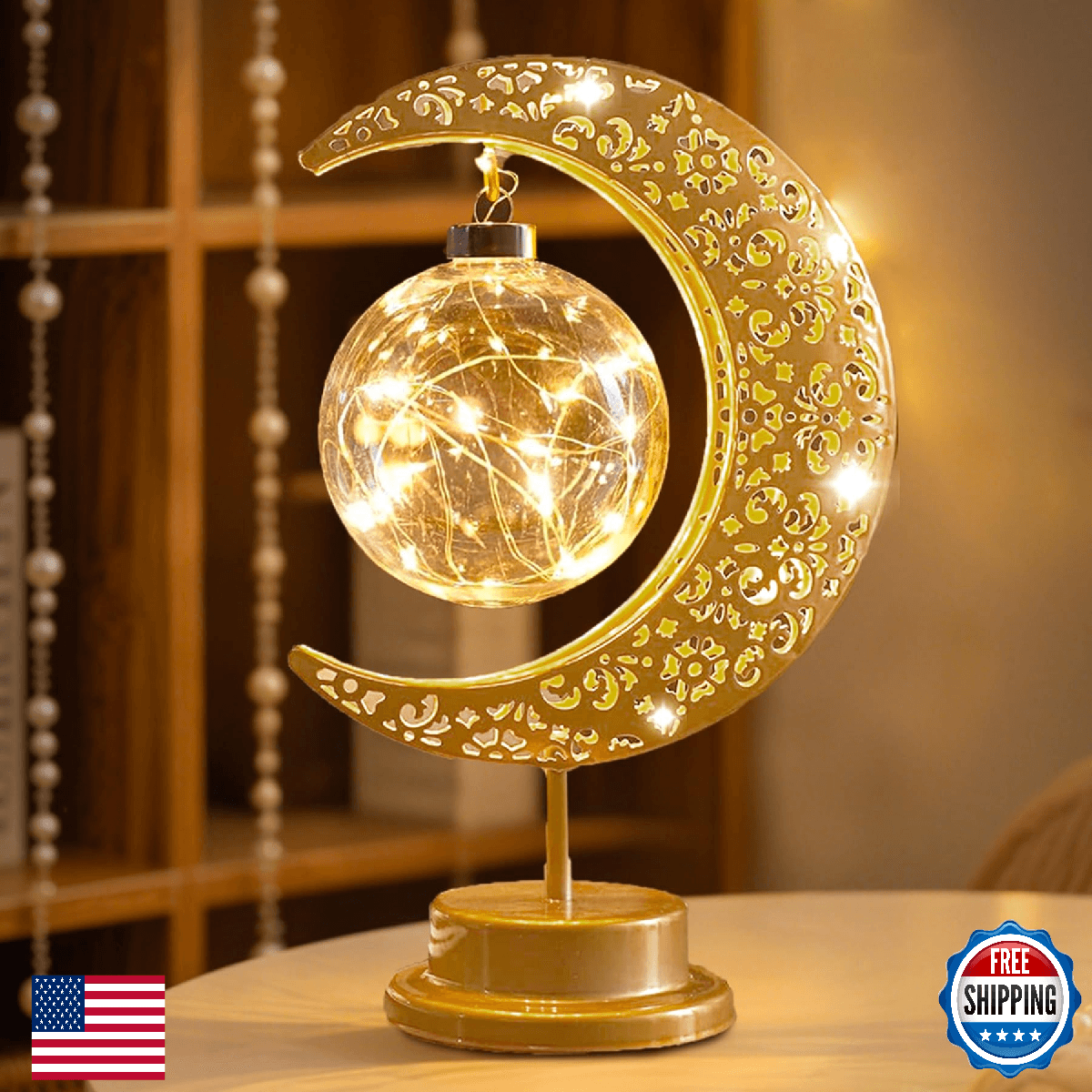 Lifnatty Eid Decorations for Home, Crescent Moon Lamp with Glass Globe, Battery - Image 1