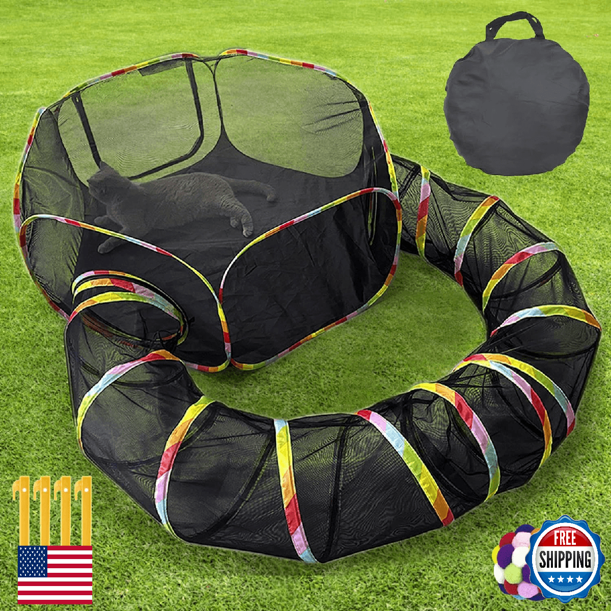 Naielfopet Portable Outdoor Cat Enclosure Playpen Tent Tunnel w/ Storage Bag - Image 1