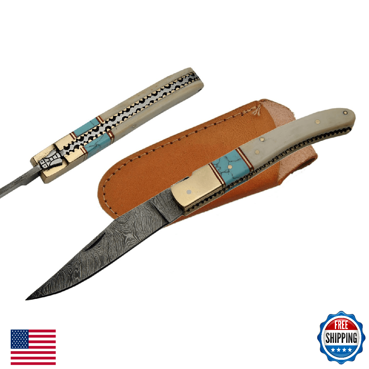 SZCO SANZ Damascus Folding Pocket Knife - Bone/Turquoise Handle, Damascus Steel - Image 1