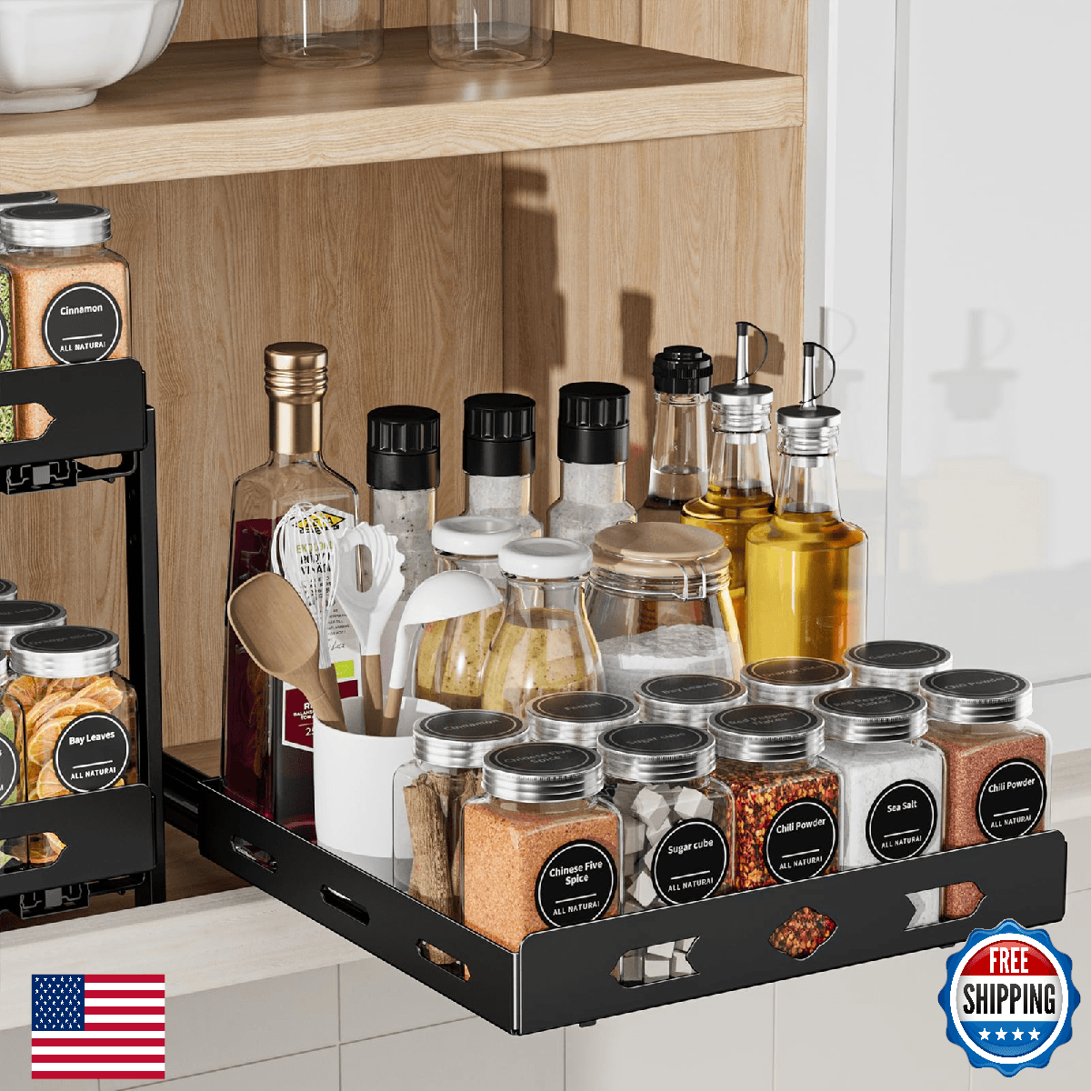 BOIVSHI Heavy Duty Vertical Spice Rack Organizer Kitchen Cabinet Pantry Black - Image 1