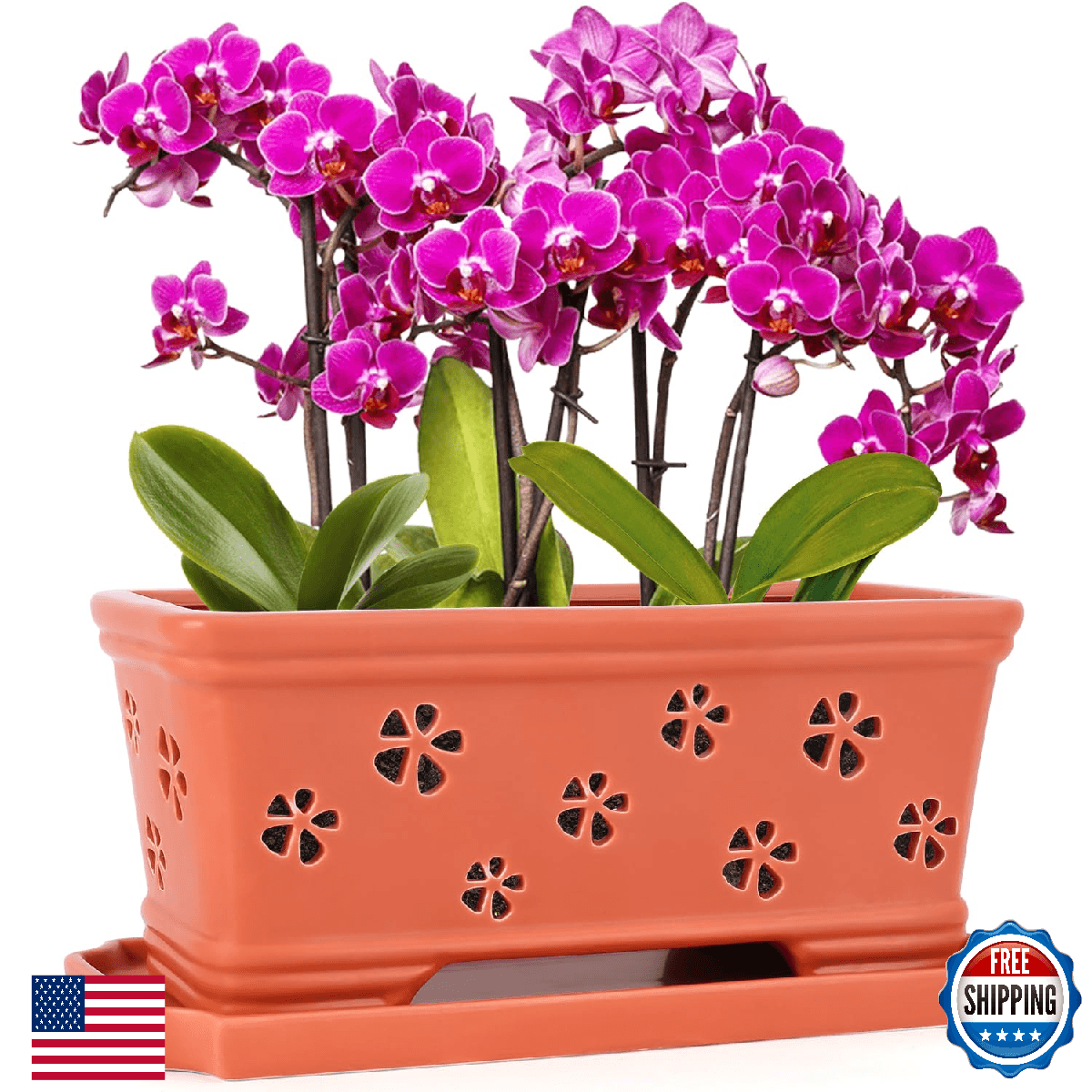 Red Ceramic Orchid Pot 12 Inch with Holes and Saucer for Indoor and Outdoor, Eff - Image 1