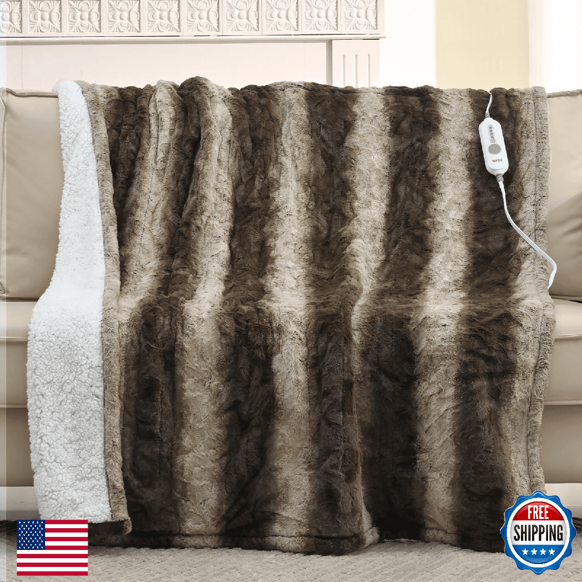 Bearhug 50"x60" Electric Heated Throw Blanket, Faux Fur & Warm Sherpa - Image 1