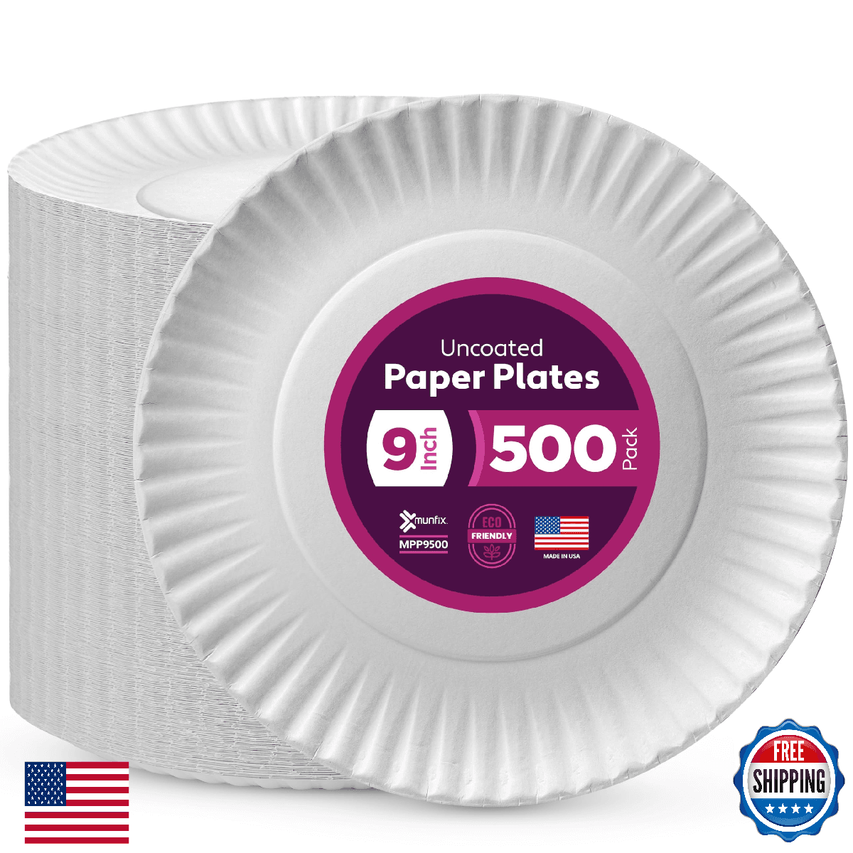 Munfix 500pk 9" Uncoated White Paper Plates - Disposable, Microwave Safe - Image 1