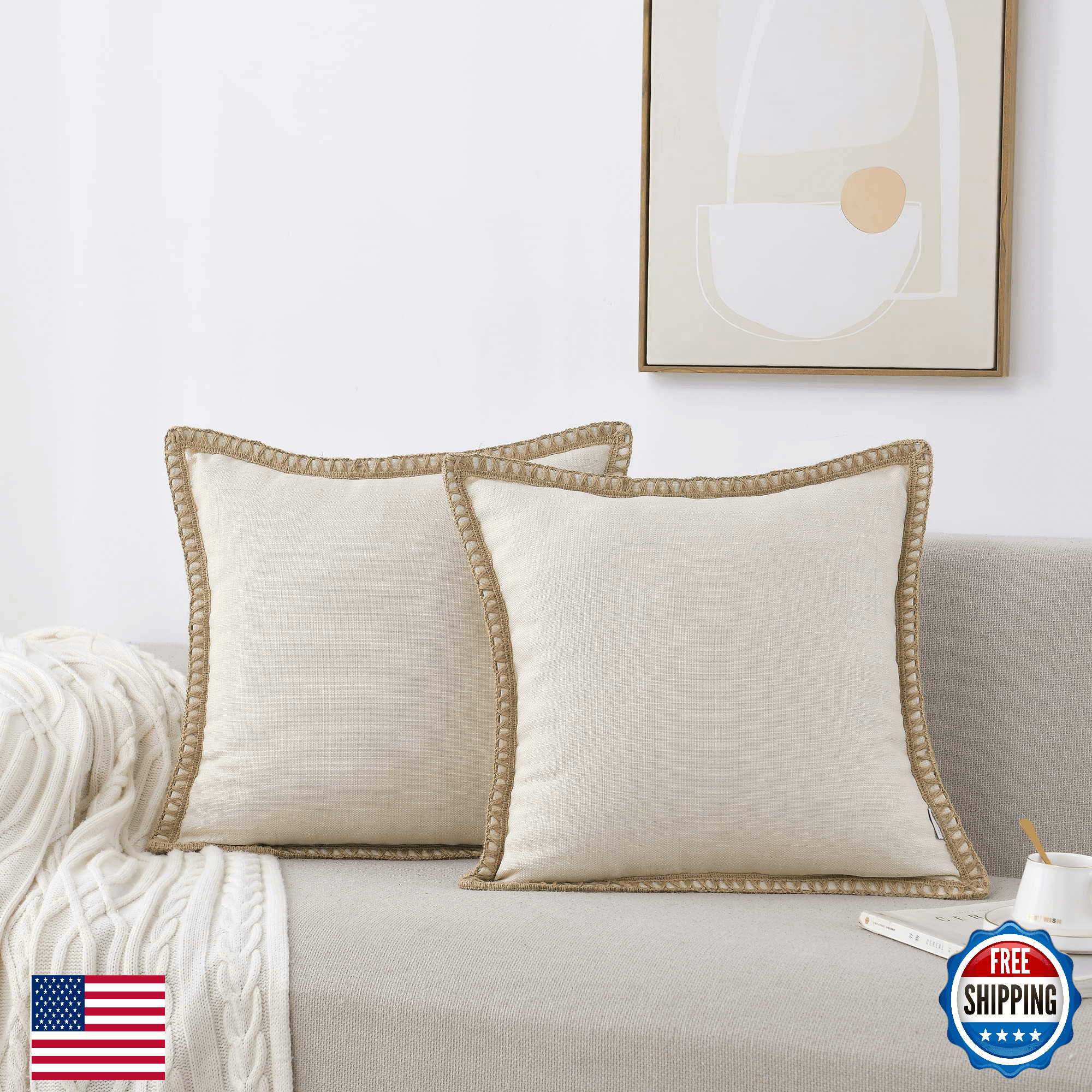 NordECO HOME 2pc 24x24 Burlap Linen Trimmed Throw Pillow Covers Tailored Edges - Image 1