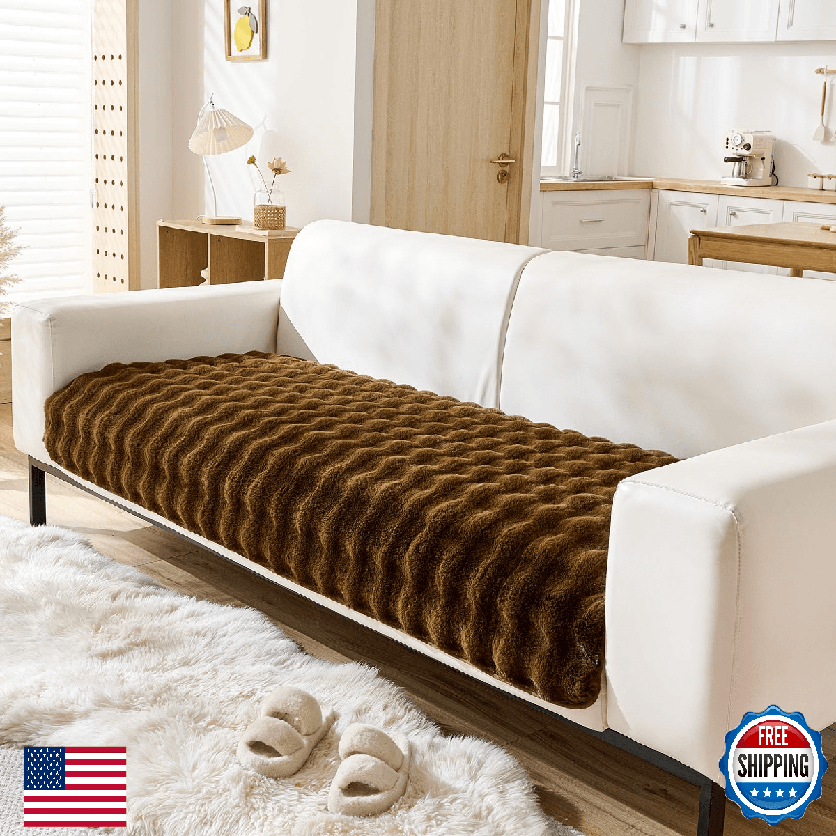 Huierxun Faux Fur Couch Cover Fuzzy Soft Plush Thick Bubble Sofa Cover Luxury Se - Image 1