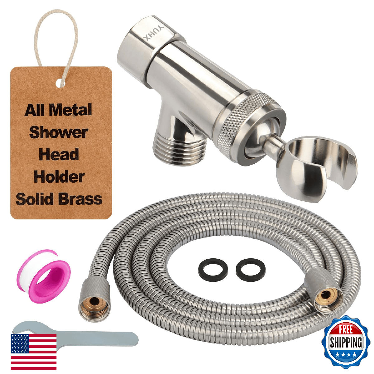 Metal 6 ft Hose Adjustable Shower Head Holder & Brass Bracket Brushed Nickel - Image 1