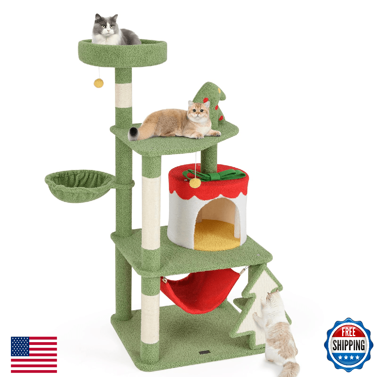 PETSITE 52 inch Cat Christmas Tree, Multi-Level Cat Tower with Sisal Scratching - Image 1