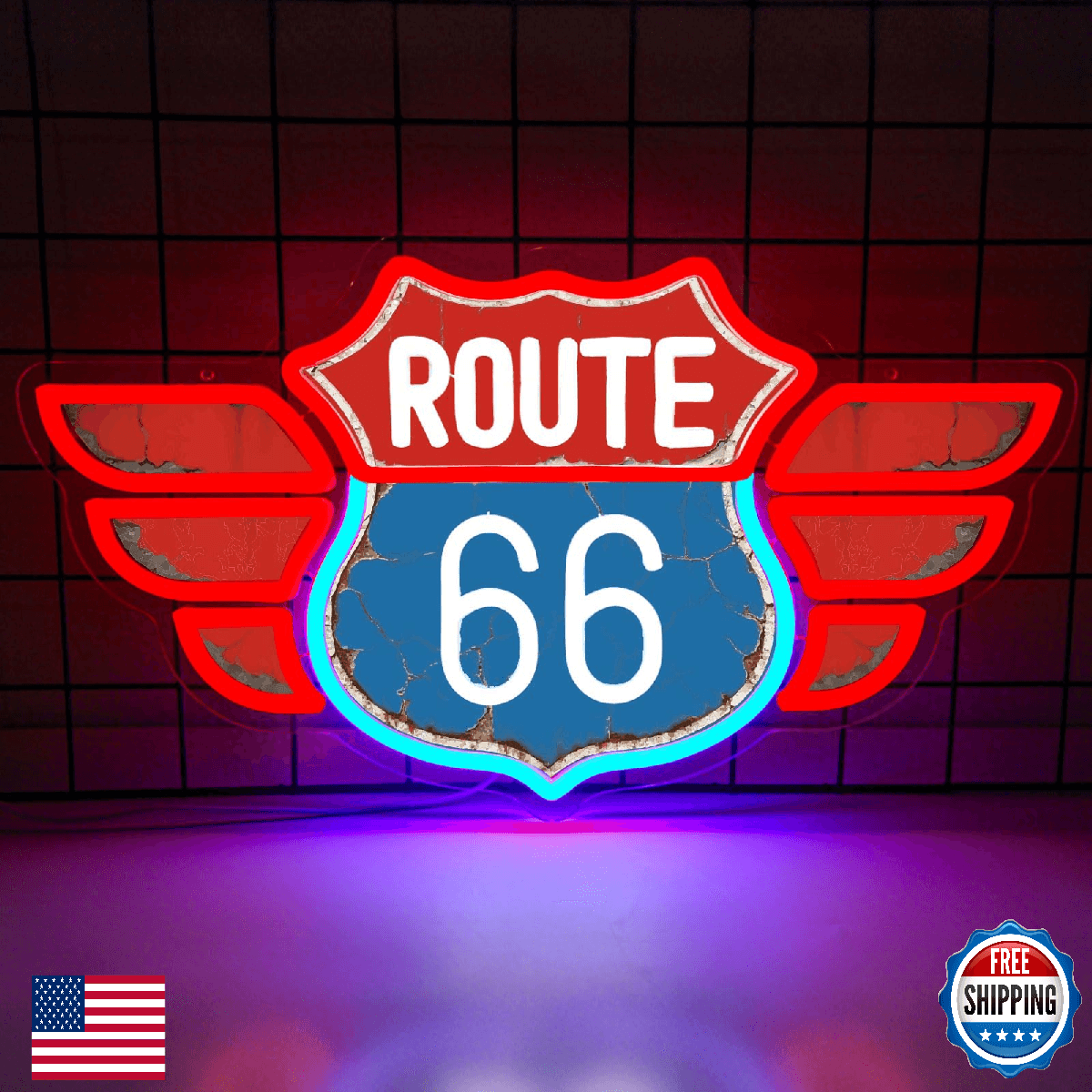 UV Printed Route 66 Neon Sign Vintage Route 66 Garage Wall Decor Dimmable Led Us - Image 1